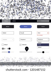 Dark BLUE vector ui ux kit with circles. Modern Style guide with colorful gradient circles in its header. This template you can use for landing pages.