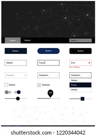 Dark BLUE vector ui ux kit in triangular style with circles. Web ui kit with abstract triangles, circles in its header. This template you can use for websites.