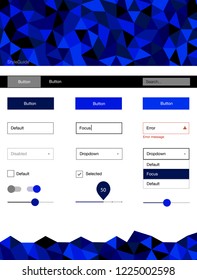 Dark BLUE vector ui ux kit in triangular style. Colorful ui/ux kit with header consisted of triangles. This template you can use for websites.