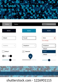 Dark BLUE vector ui ux kit with circles. Modern Style guide with colorful gradient circles in its header. This template you can use for landing pages.