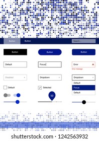 Dark BLUE vector ui ux kit with circles. Simple Material Design Kit with colorful dots in header. This template you can use for websites.