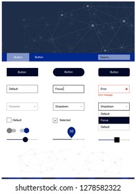 Dark BLUE vector ui ux kit in triangular style with circles. Style guide with triangles, circles on abstract background. This template you can use for landing pages.