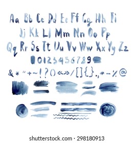 Dark Blue Vector Watercolor Alphabet, Hand Drawn Font, Letters with Ink Spots Lines and Strokes, vector illustration