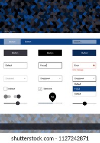 Dark BLUE vector web ui kit with spheres. Web ui kit with abstract gradient circles in its header. This sample is for your website.
