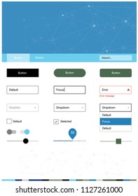 Dark BLUE vector web ui kit in polygonal style with circles. Ui Ux kit with colorful polygonal background in its header. Beautiful layout for websites, landing pages.