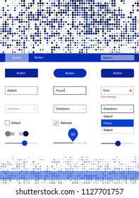 Dark BLUE vector web ui kit with spheres. Beautiful ui ux kit with colorful dots in its header. This sample is for your landing page.