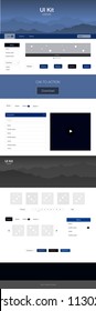 Dark BLUE vector web ui kit with mountains. Beautiful ui ux kit with colorful mountains in its header. This sample is for your tourist website.