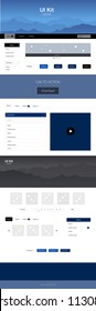Dark BLUE vector web ui kit with mountains. Beautiful ui ux kit with colorful mountains in its header. Modern template for your landing page.