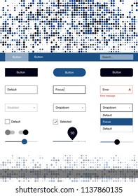 Dark BLUE vector web ui kit with spheres. Simple Material Design Kit with colorful dots in header. This sample is for your landing page.