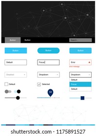 Dark BLUE vector web ui kit in polygonal style with circles. Simple Material Design Kit with colorful triangles, circles. Beautiful layout for websites, landing pages.