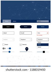Dark BLUE vector web ui kit in polygonal style with circles. Style guide in polygonal style with triangles, circles. This template you can use for websites.
