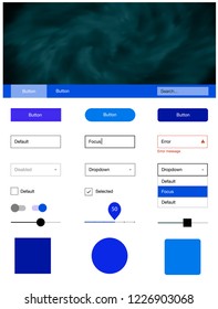 Dark BLUE vector web ui kit with nebula stars. Web ui kit with abstract gradient clouds in its header. Simple colorful design for websites.