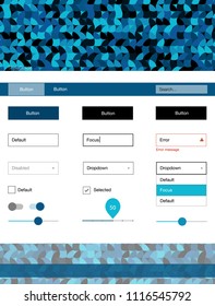 Dark BLUE vector wireframe kit with dots. Modern Style guide with colorful gradient circles in its header. This sample is for your landing page.