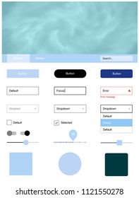 Dark BLUE vector wireframe kit with galaxy stars. Simple Material Design Kit with colorful clouds in header. Beautiful layout for websites, landing pages.