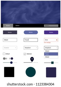 Dark BLUE vector wireframe kit with galaxy stars. Simple Material Design Kit with colorful clouds in header. This sample is for your landing page.