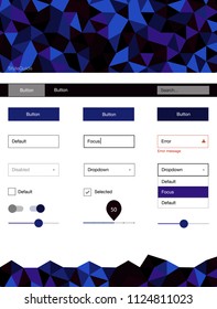 Dark BLUE vector wireframe kit with crystals. Ui Ux kit with colorful polygonal background in its header. This template you can use for landing pages.