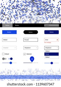 Dark BLUE vector wireframe kit with dots. Modern Style guide with colorful gradient circles in its header. This template you can use for landing pages.