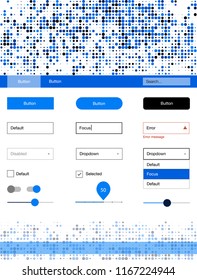 Dark BLUE vector wireframe kit with dots. Web ui kit with abstract gradient circles in its header. Beautiful layout for websites, landing pages.