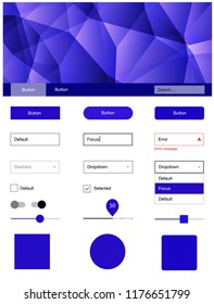 Dark BLUE vector wireframe kit with crystals. Ui Ux kit with colorful polygonal background in its header. Modern template for your landing page.