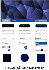 Dark BLUE vector wireframe kit with crystals. Ui Ux kit with colorful polygonal background in its header. This template you can use for websites.