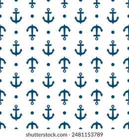 Dark blue vessel anchors and dots marine vector seamless pattern. Clothes print. Navy equipment ornament. Boat blue anchor and dot endless pattern, sailor style shirt fabric print.