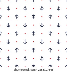 Dunkelblaue Gefäßanker und rote Punkte marines Vektormuster. Kleidung druckt. Navy-Ausrüstung-Ornament. Boat blauer Anker und roter Punkt endlose Muster, Sailor Stil Shirt Stoffdruck.