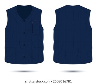 Dark blue vest mockup front and back view, vector illustration