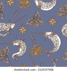 Dark blue vintage seamless pattern with narwhal, wind rose and water plant. Color. Engraving style. Vector illustration