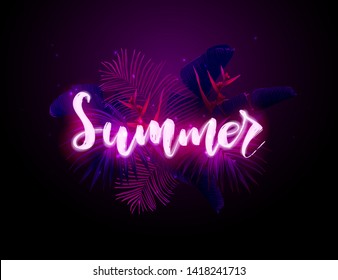 Dark blue and violet neon tropical design with palm leaves and 3d lettering. Summer night vector illustration.