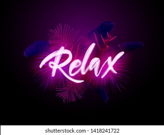 Dark blue and violet neon tropical design with palm leaves and 3d lettering. Summer night vector illustration.