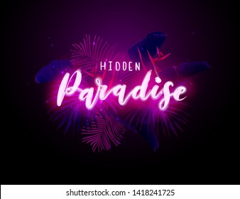 Dark blue and violet neon tropical design with palm leaves and 3d lettering. Summer night vector illustration.