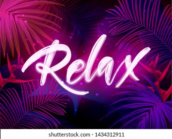 Dark blue and violet neon tropical design with palm leaves and 3d lettering. Summer night vector illustration.