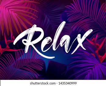 Dark blue and violet neon tropical design with palm leaves and 3d lettering. Summer night vector illustration.