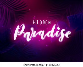 Dark blue and violet neon tropical design with palm leaves and 3d lettering. Summer night vector illustration.