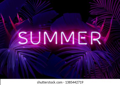 Dark blue and violet tropical party design with palm leaves and neon letters. Summer night vector illustration.