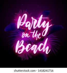 Dark blue and violet tropical party design with palm leaves and neon letters. Summer night vector illustration.