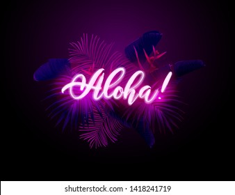 Dark blue and violet tropical party design with palm leaves and neon letters. Summer night vector illustration.