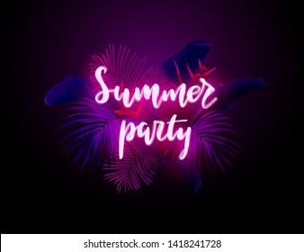 Dark blue and violet tropical party design with palm leaves and neon letters. Summer night vector illustration.