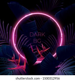 Dark blue and violet tropical party design with palm leaves and neon light. Summer night vector illustration.