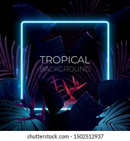 Dark blue and violet tropical party design with palm leaves and neon light. Summer night vector illustration.