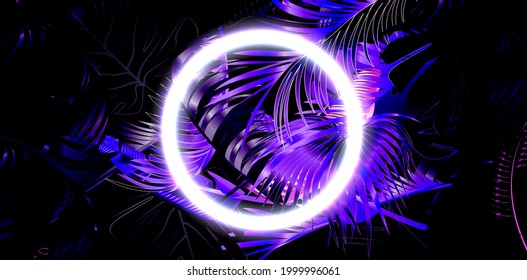 Dark blue and violet tropical party design with palm leaves and neon light. Summer night vector illustration.