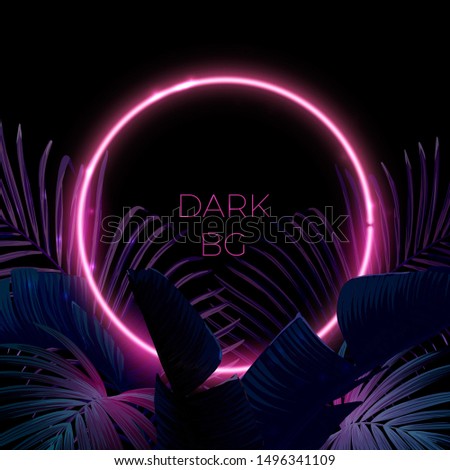 Dark blue and violet tropical party design with palm leaves and neon light. Summer night vector illustration.