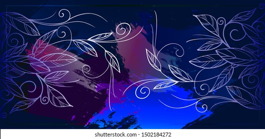 Dark blue watercolor background with decorative leaves

