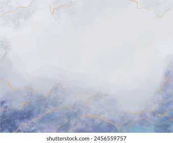 Dark blue watercolor splash background. Watercolor blue sea painting with gold ink brush texture