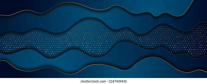 Olas azules oscuras y puntos dorados abstraen el fondo geométrico tecnológico. Diseño vectorial de concepto de brillo de lujo