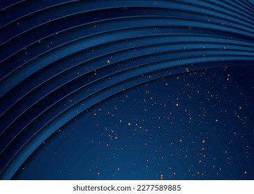 Dark blue wavy abstract background with golden particles. Geometric retro vector design