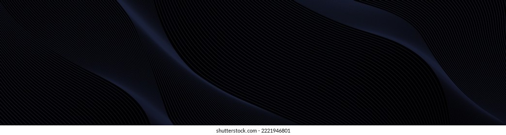 Patrón de línea ondulada azul oscuro sobre fondo negro. Curvas de guilloche abstractas modernas en colores de humo monocromo. Textura de banda premium para banner, plantilla de negocio . Diseño vectorial horizontal.