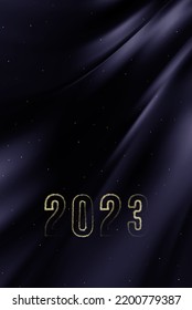 Dark blue wavy silk background with 2023 gold sequins.