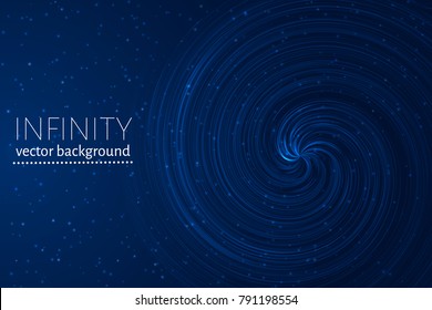 Dark blue wavy space background. Glowing spiral cosmic banner. Infinity vector illustration. Easy to edit design template for your artworks.