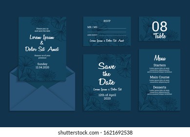 Dark Blue Wedding Invitation Card Template Concept With Hand Drawn Beautiful Flower